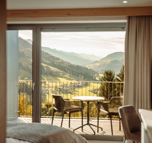 Aubslick aus dem Zimmer über die sommerliche Bergwelt im Salzburger Land.