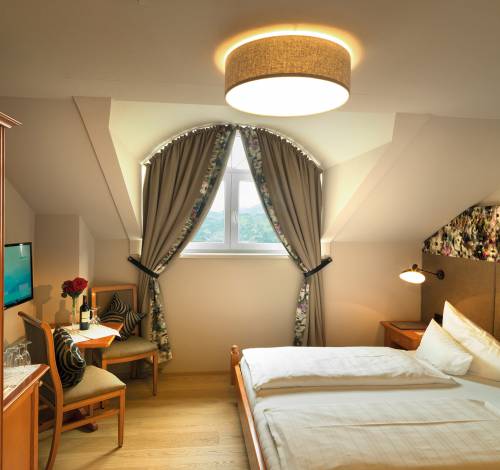 Das Doppelzimmer in Salzburg besitzt ein Fenster mit Blick auf die Berge rund um das Alpina Hotel. 
