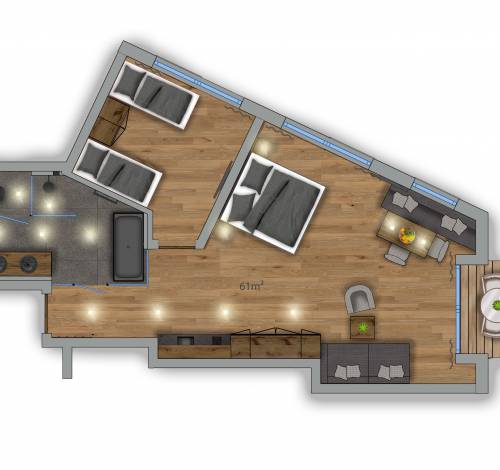 Die Übersichtliche Raumanordnung unseres Familienzimmers in Salzburg zeigt die Raumaufteilung der Erwachsenen- und der Kinderbetten. 