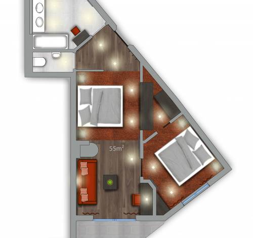 Der Zimmerplan von unserem Doppelzimmer in Salzburg zeigt die verschiedenen Räumlichkeiten. 
