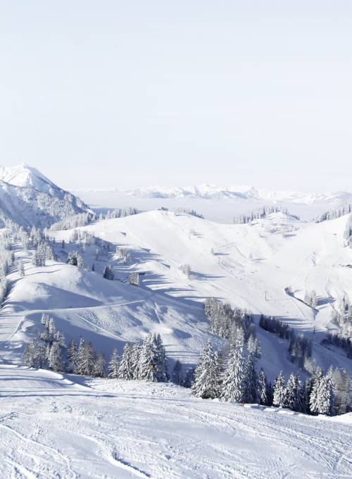 Ein Ausblick auf das schneeweiße Skigebiet im Alpendorf.